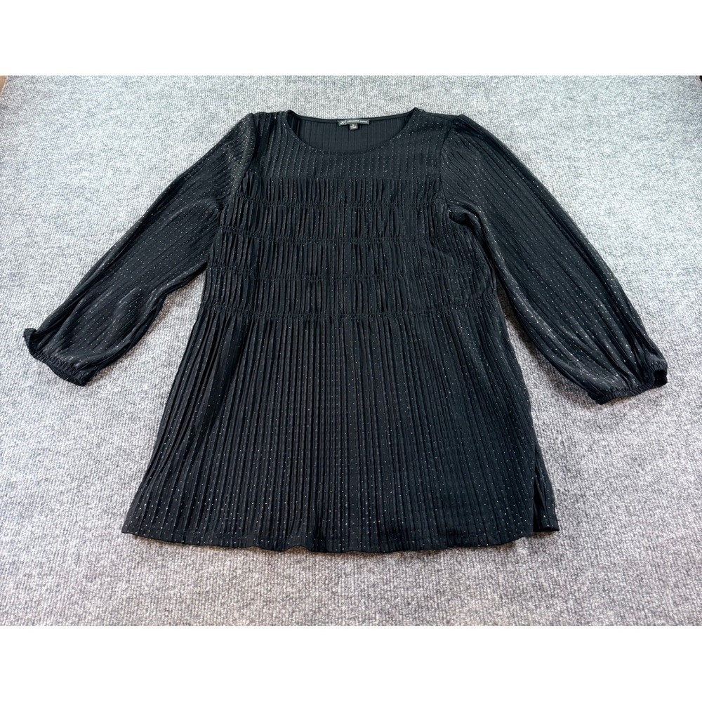 Adrianna Papell Black Metallic Dot Pleated Smocked Blouse  Medium